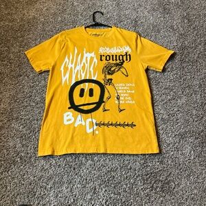 Yellow Graphic Tee with Skeleton and Smiley Face